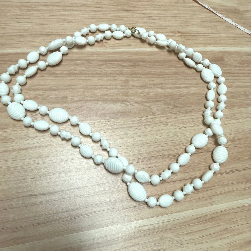 Vintage Milk Glass Bead Necklace White Ribbed Faceted Long Strand 52 Inch